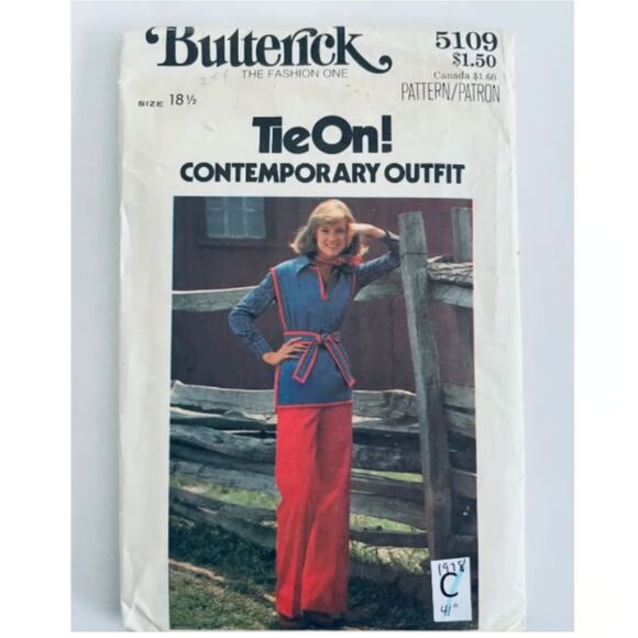 70s Butterick 5109 Tunic & Pants Sewing Pattern Sz18.5 CUT/COMPLETE 1978. - Picture 1 of 3